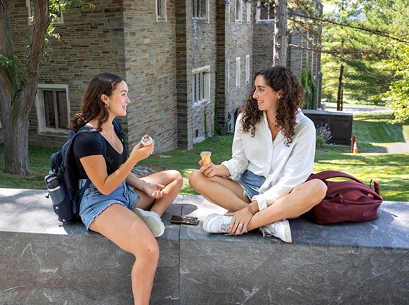 Two students sitting on a wall, eating ice cream.