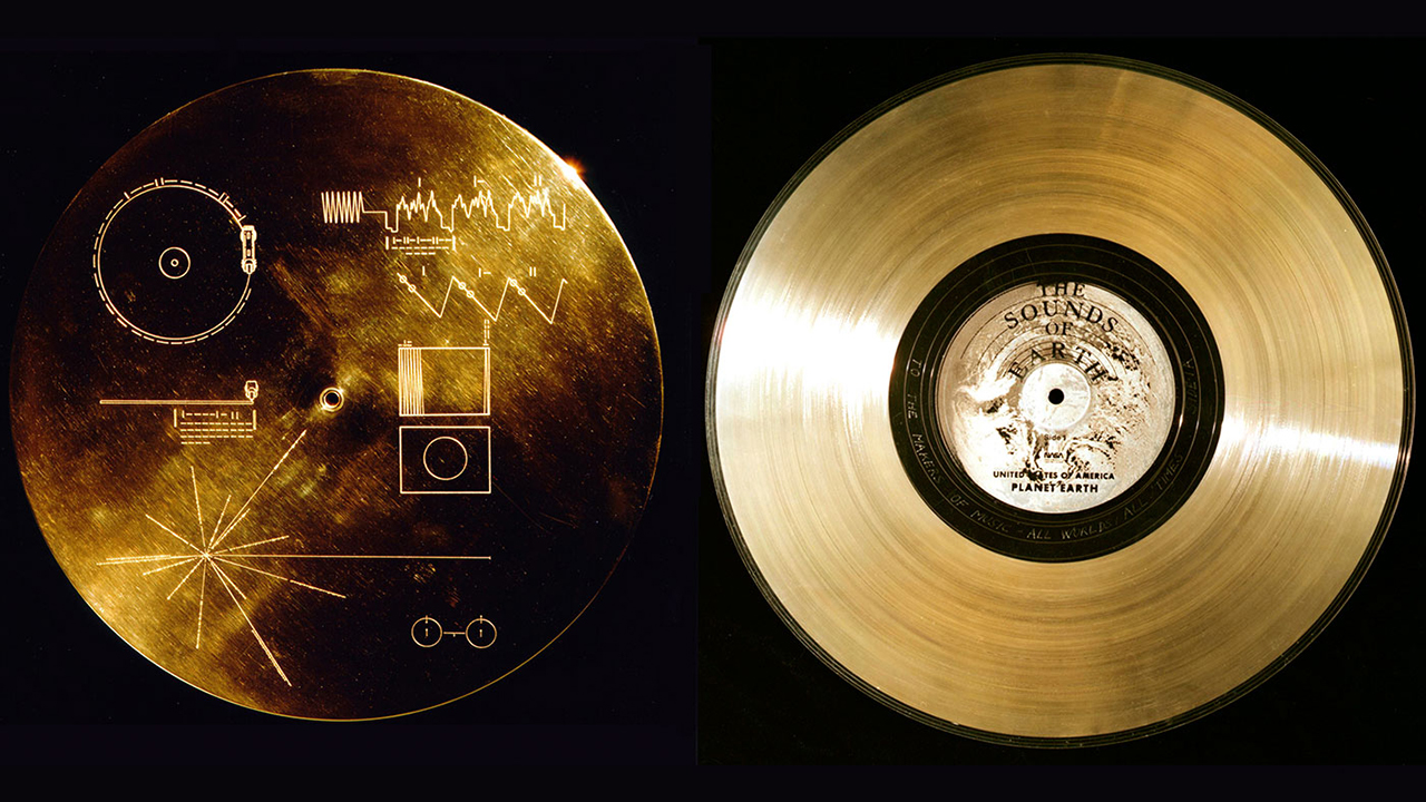 The etched golden record on a black background.