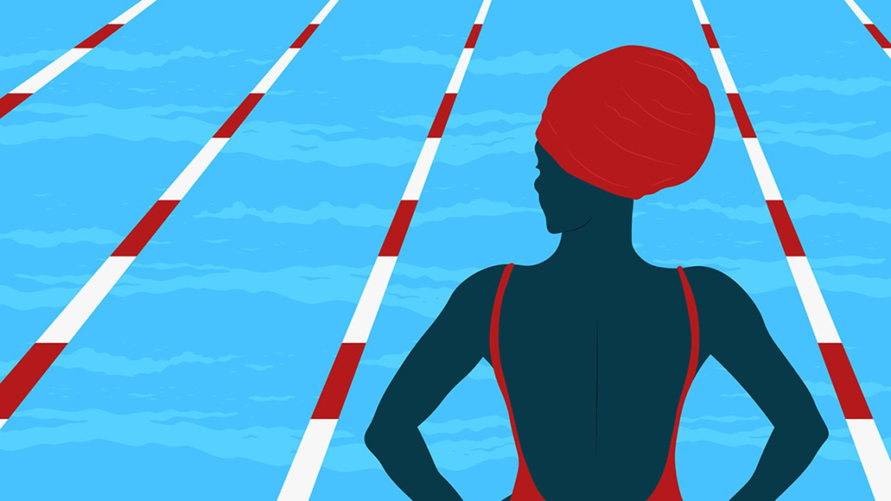 An illustration of a person of color wearing a swim cap.