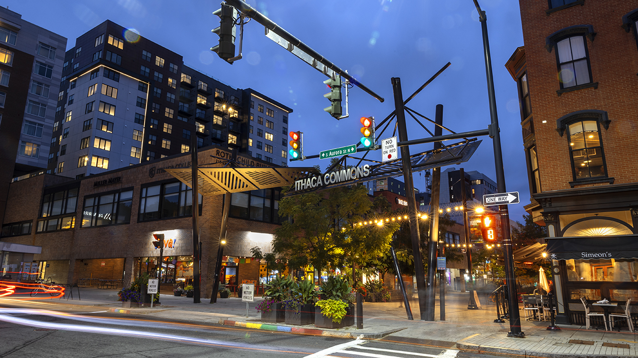 Entrance to the Ithaca Commons in the evening.