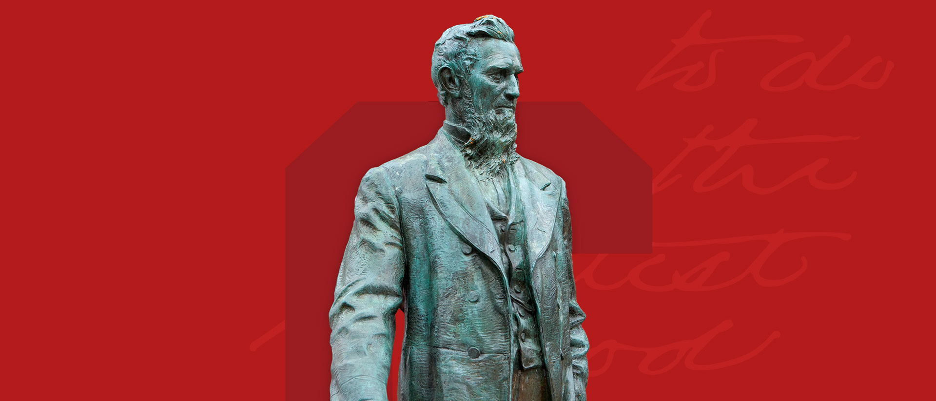 康奈尔雕像强加在红色背景的大型浮动字母C(康奈尔大学)。文本在后台说“做最大的好”,是实际在康奈尔的笔迹。