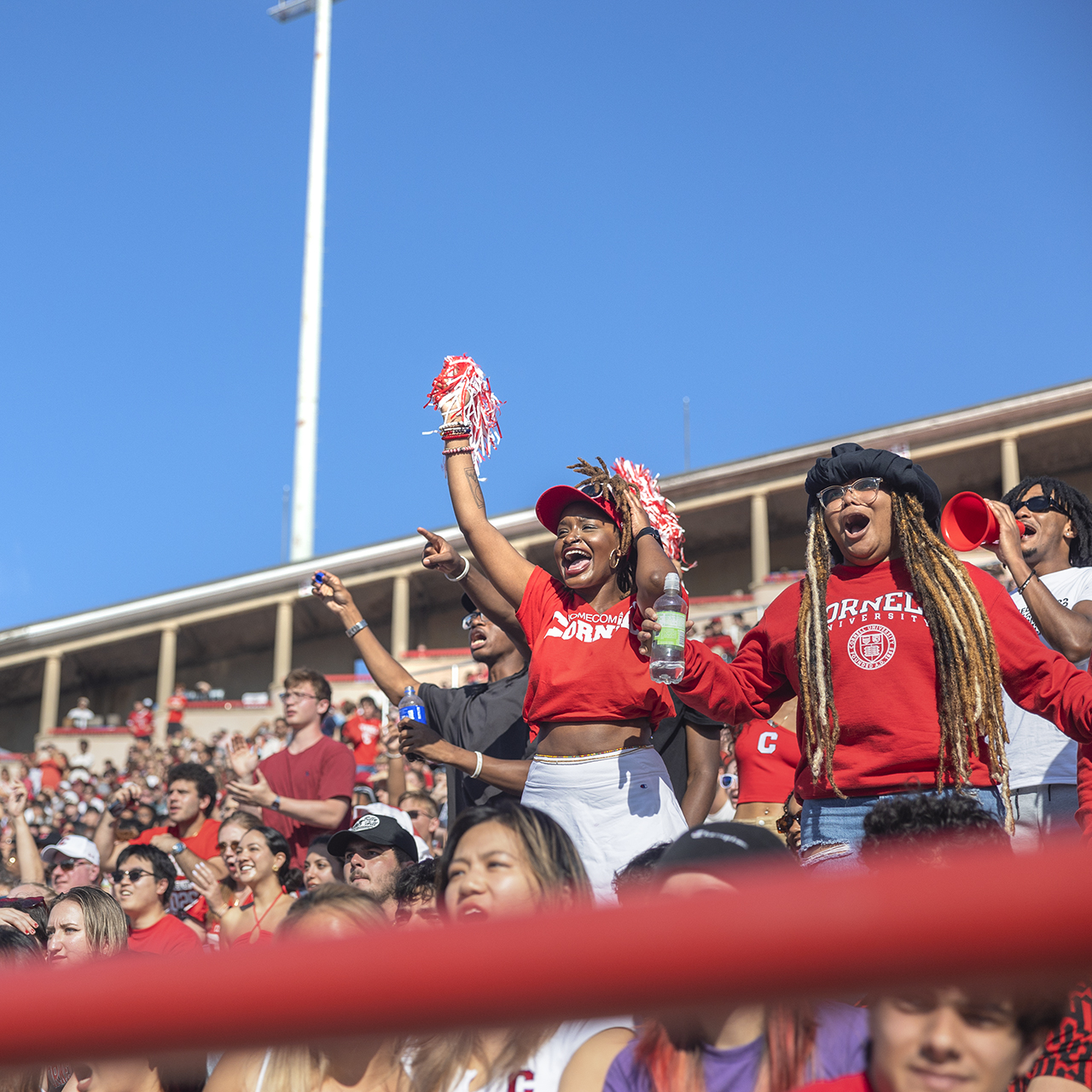 The crowd in the stands cheers during the Homecoming football game.