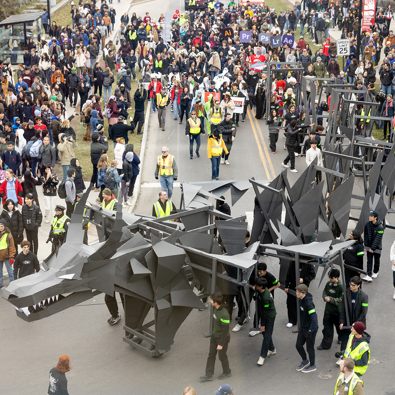 An aerial view of the dragon on Feeney Way, Dragon Day 2024.